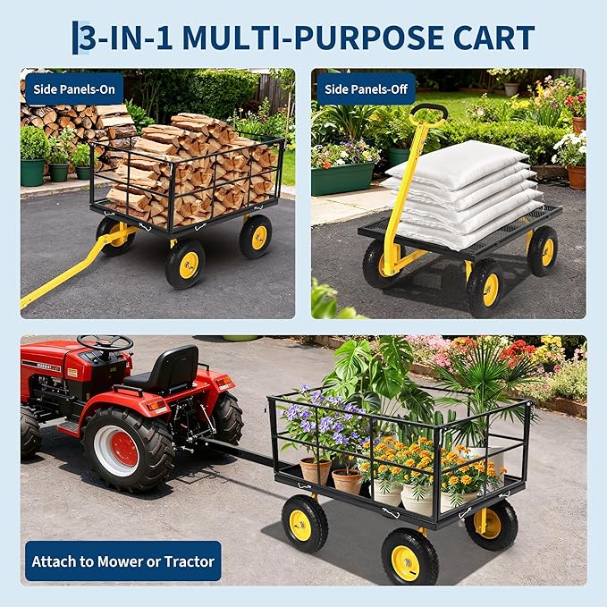 Heavy Duty 1500 Lbs Capacity Mesh Steel Garden Cart Folding Utility Wagon with Removable Sides, Garden Cart on Wheels for Gardening Soil, Tools, and Plant Transport