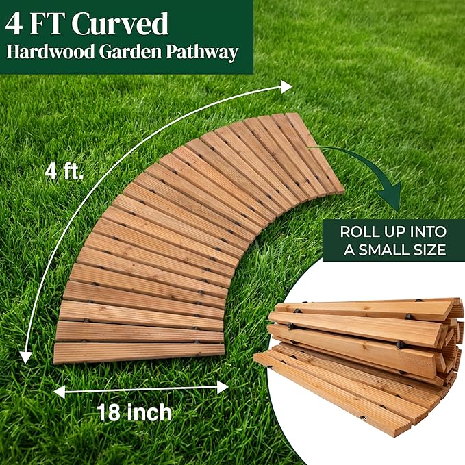 Plow & Hearth 4' Curved Outdoor Wooden Pathway | 18" Wide Rollout Outdoor Garden Walkway | Weather-Resistant Hardwood Cedar Board Walkway Landscape Edging | Decorative Lawn Patio Wedding Party