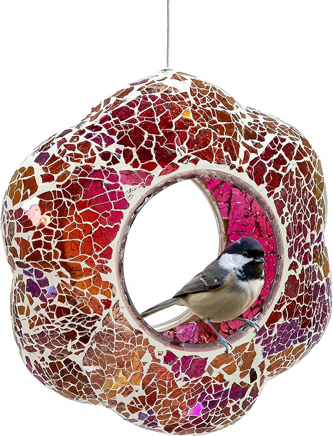 Sunnydaze 10-Inch Glass Mosaic Hanging Bird Feeder for Outdoors - Fly-Through Glass Bird Feeder for Cardinals, Jays, Finches and More - Pearl Pink Flower