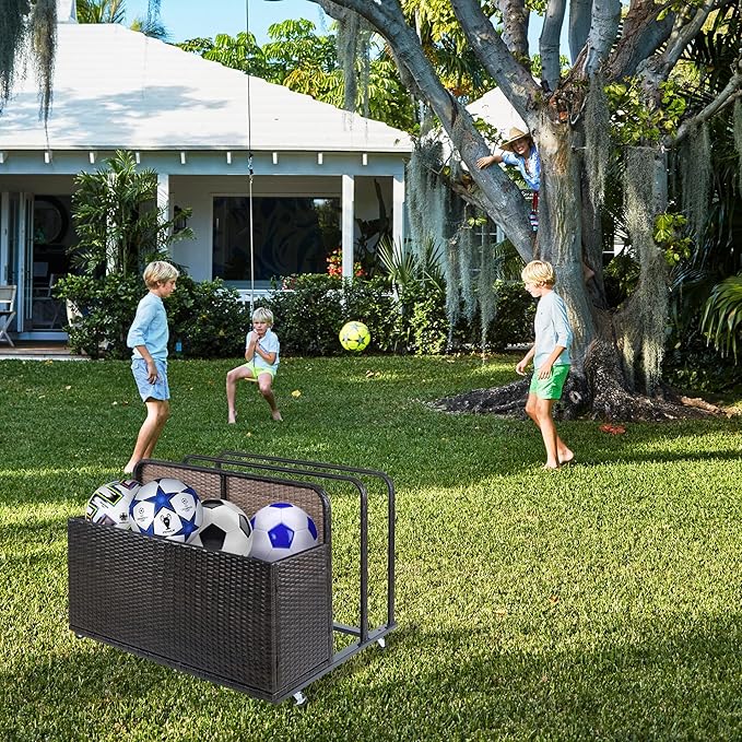 MAROUTE Double Layer Poolside Float Storage - PE Rattan Outdoor Caddy with Generous Space, Weather-Resistant, Mobile Design, Versatile Use, and Sturdy Construction, Brown