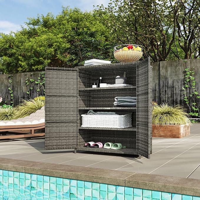 Outsunny Wicker Outdoor Storage Cabinet with Shelves, 4-Shelf Outdoor Pool Towel Cabinet with Two Doors, Rattan Patio Storage Shelves for Garden, Backyard, Porch, Mixed Gray