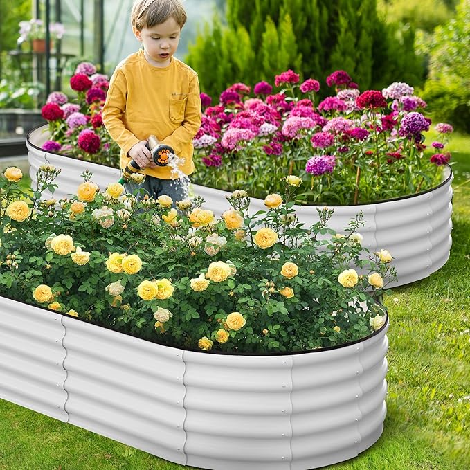 CABIHOME Garden Raised Garden Bed Kits, 8x2x1 ft Metal Raised Planter Bed, Open-Ended Base Garden Boxes Outdoor Galvanized Planter for Vegetables Flowers Rubber Edge, White