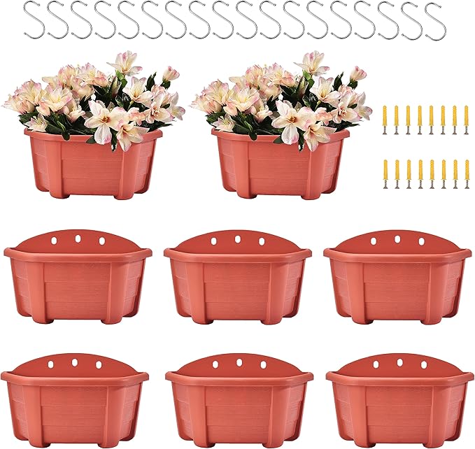 ORIMERC 9.8 inch 8 Pack Brick Red Wall Hanging Planters for Indoor Outdoor Plants Hanging Plant Holder with Drainage Hole Fence Balcony Planters Railing Hanging Pot Plant Wall Mount Decor with Hooks
