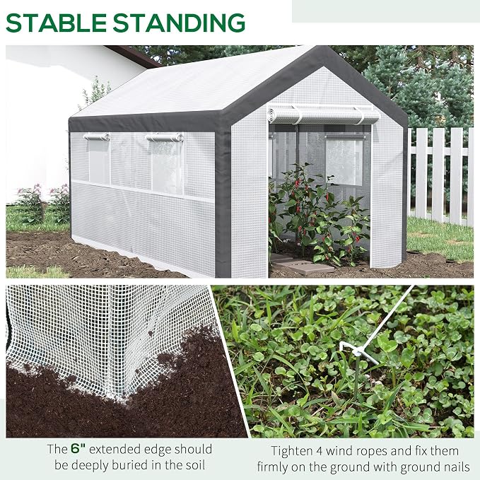 Outsunny 12' x 7' x 7' Greenhouse, Walk-in Outdoor Tunnel Green House with PE Cover, Steel Frame, 2 Roll-Up Zipper Doors & 4 Windows for Flowers, Vegetables, Tropical Plants, White