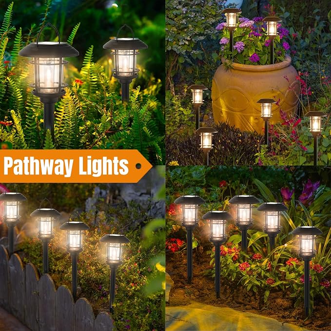 Dynaming 6 Pack Dual Use Solar Path Lights Outdoor, Hanging Lantern Solar Garden Lights with Edison Bulb, Landscape Lighting, Waterproof & Auto On/Off for Patio Pathway Walkway Driveway, Warm White
