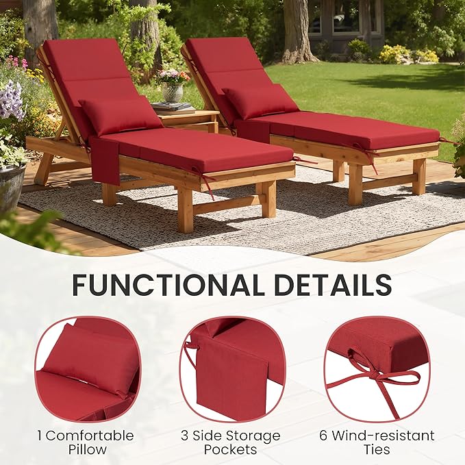 Crestlive Products Foldable Outdoor Chaise Lounge Cushions with Head Pillow and Side Pockets,Water Repellent & Fade Resistant Lounge Chair Cushion, 72''L x 21''W, Set of 2, Chili