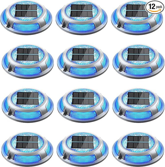 Solar Driveway Lights, 12 Pack Heavy Duty Driveway Lights Solar Powered 2 Color Mode (Cool White/Blue) IP68 Waterproof Outdoor Solar Deck Lights with Ground Stake for Pathway Garden Yard Walkway Dock