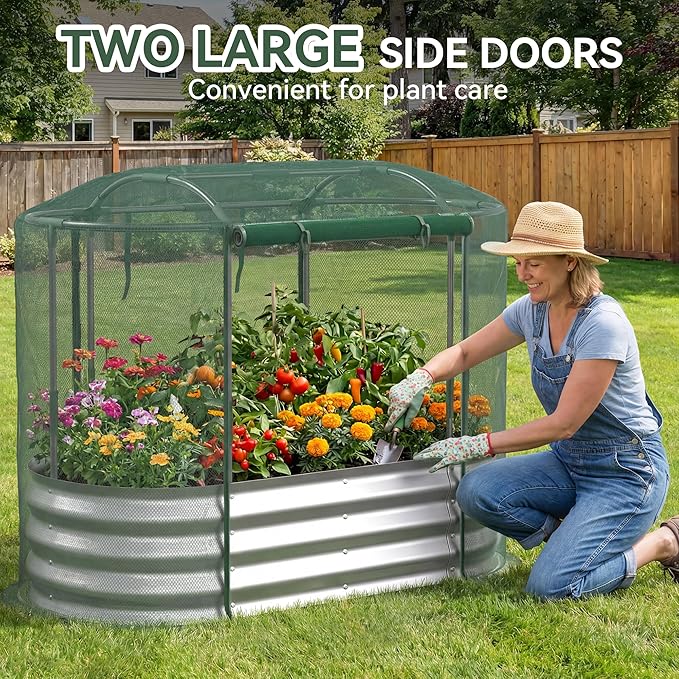 Lineware Raised Garden Bed with Sprinkler Timer and Self-Watering System, 4x2x1 ft Elevated Planter Boxes Outdoor with Mesh Cover, Galvanized Raised Beds for,Vegetables,Flowers, Backyard, Patio