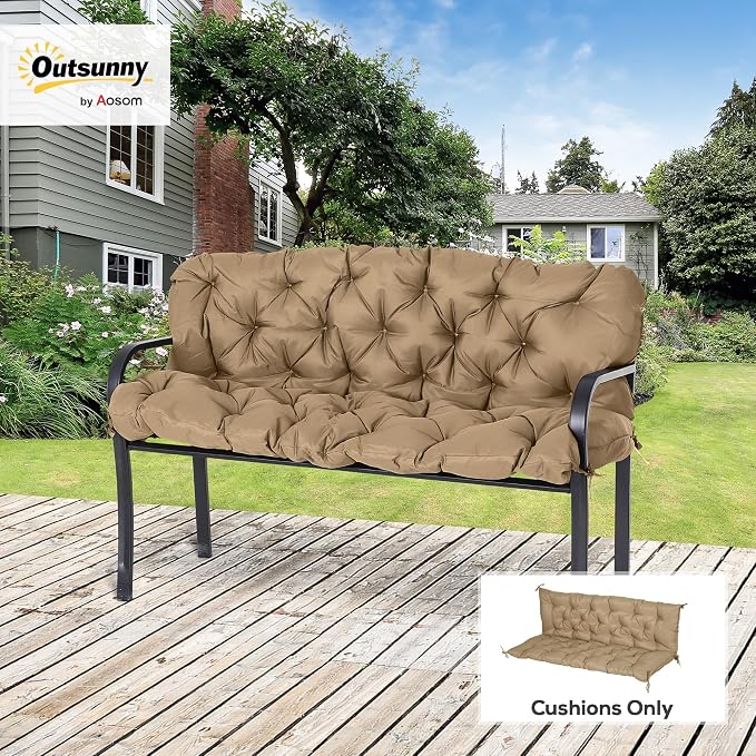 Outsunny 59" x 38" Tufted Bench Cushion for Outdoor Furniture, 3-Seater Replacement for Swing Chair, Patio Sofa/Couch, Overstuffed, Includes Backrest, Khaki
