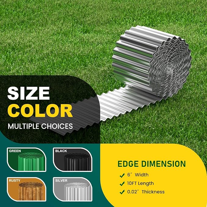 Corrugated Metal Garden Edging, 6"×10Ft Landscape Edging Border for Garden, Flower Bed, Lawn and Landscape Edging (Silver)