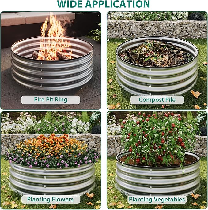 Garvee Round Raised Garden Bed, 1PCS 2 x 1ft Galvanized Raised Boxes with Rust-Resistant, Easy Assembly, Safe Edge, Metal Garden Bed Kit for Planting Vegetables, Fruits, Flowers, Silver