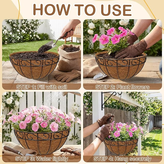 4 Pack 14 inch Metal Hanging Baskets for Plants, Round Metal Wire Hanging Basket Planter with Coco Fiber Liners Chain for Garden Home Porch Patio, Flower Border