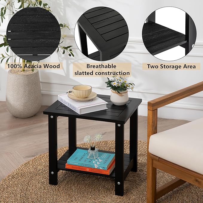 VICTORY RELAX Solid Acacia Wood Side Table with 2-Tier Storage, Weather-Resistant Outdoor Indoor End Table, Black Rustic Color Night Stand