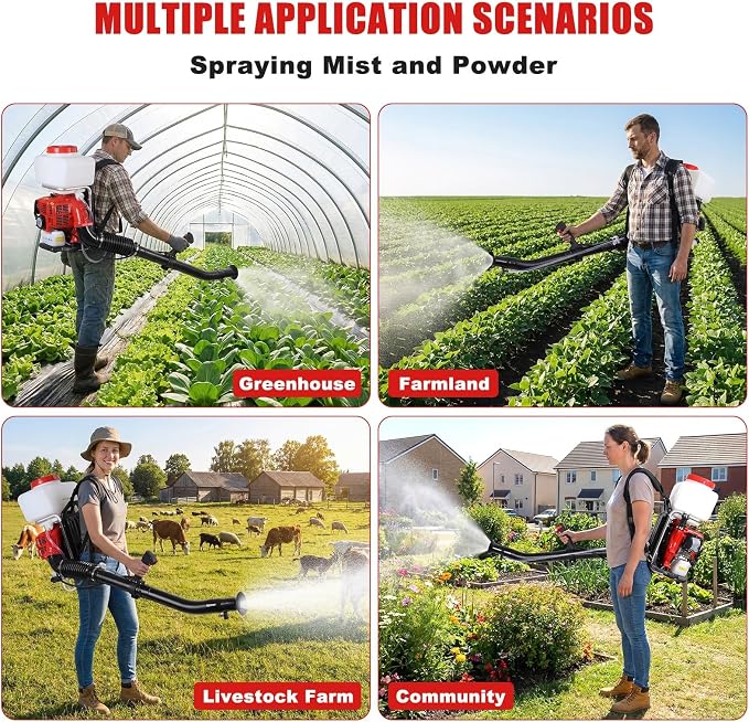 43CC Backpack Sprayer, 3.7 Gallon 2HP Gas Powered Mosquito Fogger,Adjustable Spray & Powder Modes, Backpack Fogger Machine with Vibration-Damping Shoulder, Yard Sprayer for Gardening Farming Red