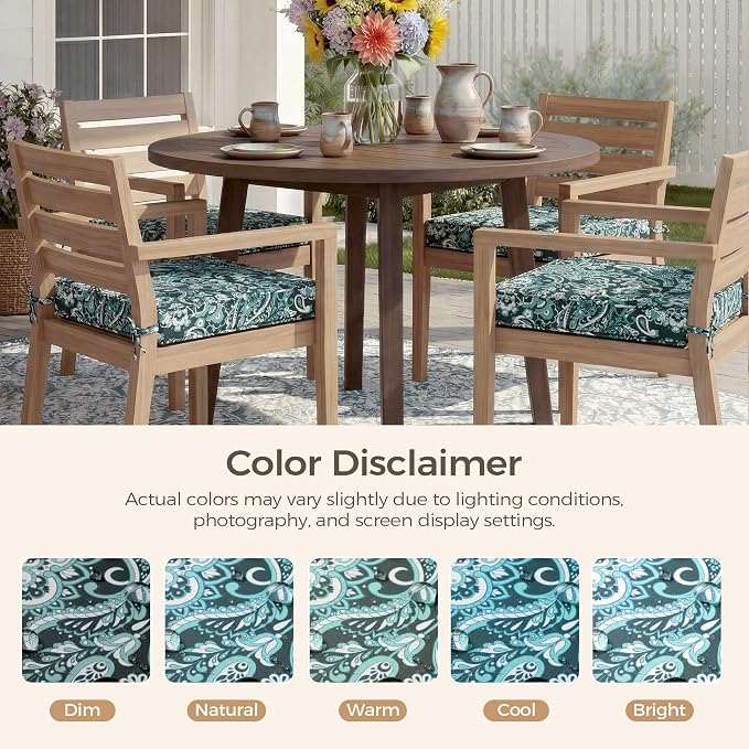 UNIKOME Outdoor Chair Cushions Set of 4, Water Resistant Patio Seat Cushions with Ties for Outdoor Furniture, High-Density Foam, UV & Fade Resistant, Piped Edge – 24" x 24" x 4", Boho Teal Paisley