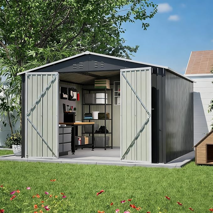 YOPTO 10x10 FT Outdoor Storage Shed,Large Metal Tool Sheds with Updated Frame Structure and Lockable Doors, Garden Shed for Backyard Patio Lawn, Black