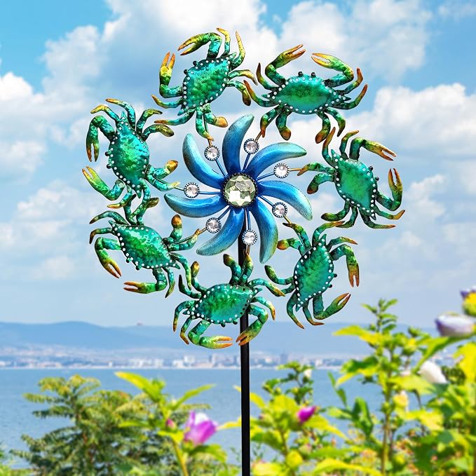 COOZZYHOUR 39" Crab Wind Spinners Metal Windmill Garden Stake,Ocean Theme Outdoor Wind Spinner,Wind Sculptures Yard Art Decorations for Patio,Lawn & Garden Decor