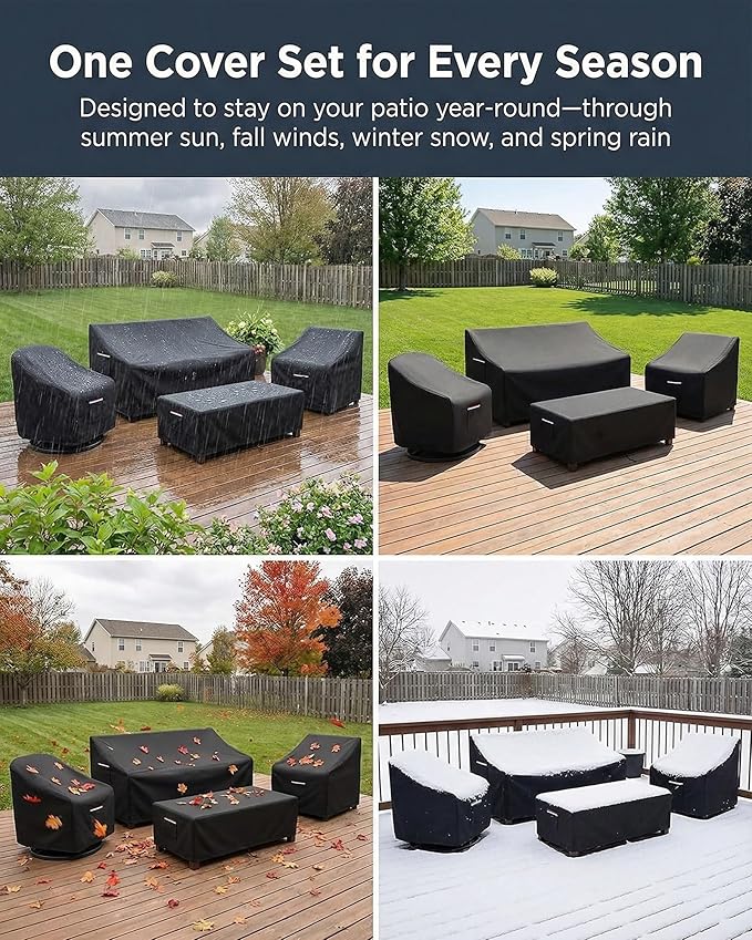 4-Piece Patio Furniture Cover Set, Waterproof Outdoor Furniture Covers for Loveseat, Patio Chairs & Coffee Table, Heavy-Duty 600D, Fade & UV-Resistant, Breathable, All-Season Protection, Black
