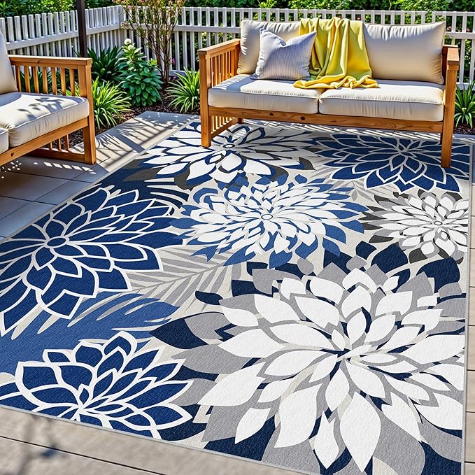 6x9 Outdoor Area Rug Washable Multicolored Patio Rug Tropical Botanical Floral Chenille Waterproof Outdoor Carpet Non-Slip for Patio, Deck, Backyard, Porch, Blue