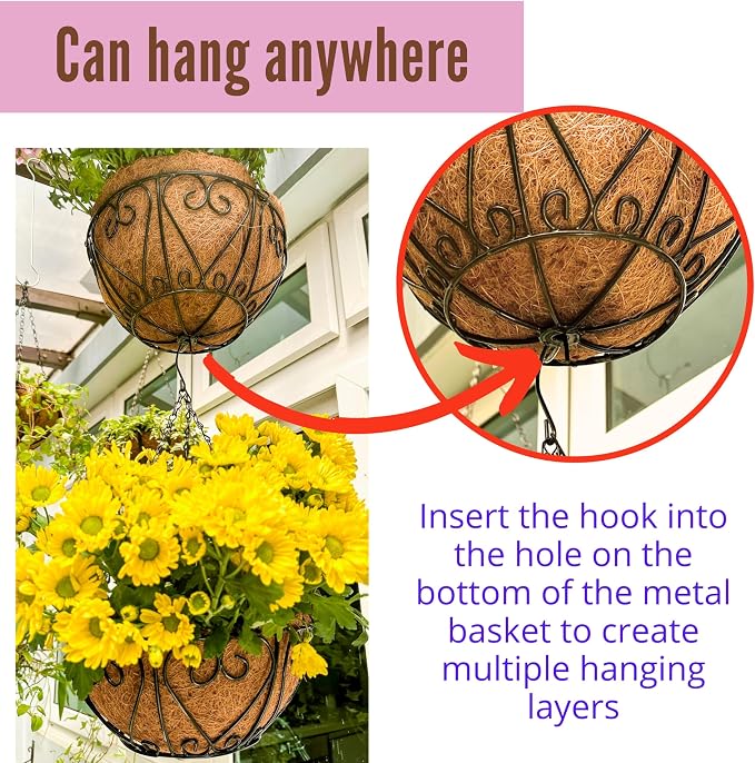 LaLaGreen Hanging Baskets for Plants (12 Inch, 6 Pack) Hanging Flower Pots with Coco Liner, Black Metal Wire Round Basket Plant Holder with Hanger Hook Chain, Outdoor Patio Deck Balcony Garden Decor