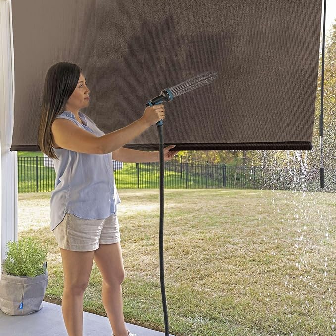 Coolaroo Outdoor Roller Shade with Wand - 90% UV Block Breathable Light Filtering Shade for Patio or Porch, Fade-Resistant, Mold-Resistant Easy-Clean Fabric, 4ft x 6ft, Mocha