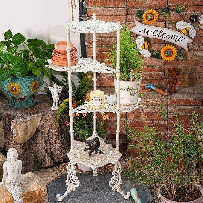 Sungmor Vintage Cast Iron 4-Tier Plant Stand, Elegant Butterfly & Floral Design with Antique White Finish, 36 Inch Tall Rustic Flower Pot Holder, Heavy Duty Metal Display Stand for Indoor and Outdoor