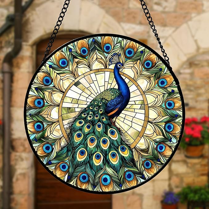 DASTOLL Stained Glass Window Hanging - Retro Peacock Decoration Suncatcher for Door Garden Home Bird Feather Sun Catchers Christmas Mother's Day Birthday Gifts for Women Men Mom Nana Friend 7.8 in