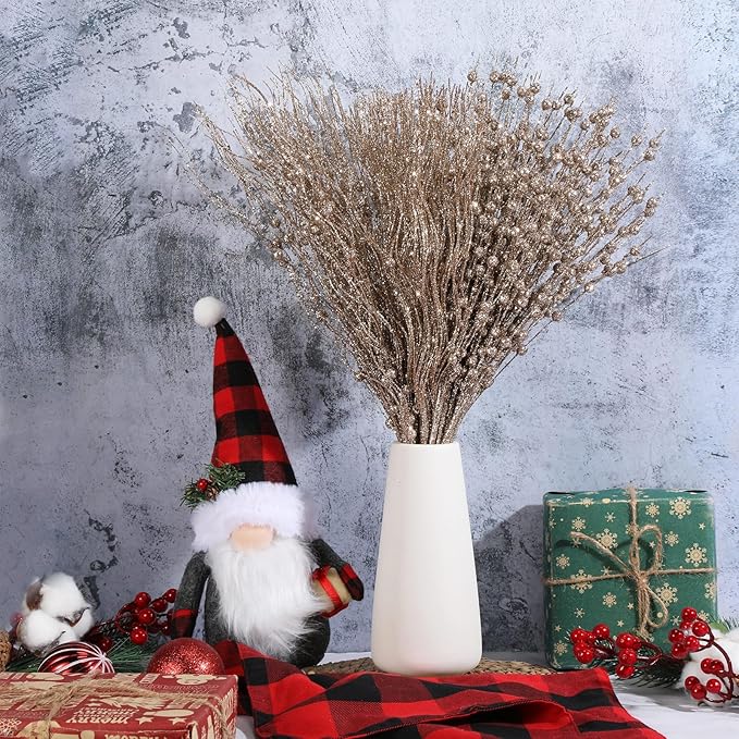 36 Pcs 17'' 15'' Christmas Artificial Glitter Berry Stems 4 Styles Xmas Decorative Tree Picks Branches Large Glittery Twigs for Christmas Tree Xmas Wreath Vase Filler(Champagne Gold)