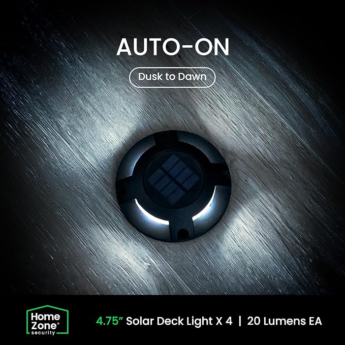 Home Zone Security 4 Packs Solar Deck Light Outdoor 40 Lumens Total Waterproof Weather Resistant, Auto On Sensor Fence Light, Durable Aluminum Plastic Case for Decor Step Pathway Garden