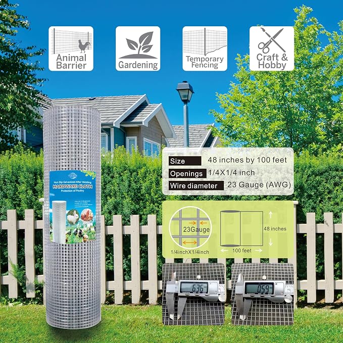 Hardware Cloth 1/4 inch Square Openings - 23 Gauge 48'' x 100' Hot-Dip Galvanized Wire Mesh, Welded Cage Wire Rolls Great for Animal Enclosure Chicken Coop Flower Beds Rabbits Wire Fencing