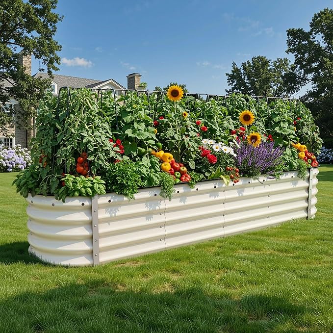 YITAHOME 8x2x1.5ft Raised Garden Bed Kit, 17" Tall 9 in 1 Large Galvanized Metal Planter Box with Gloves & Safety Rubber, Outdoor Flower Bed for Plants Vegetables Flowers, Cream Yellow