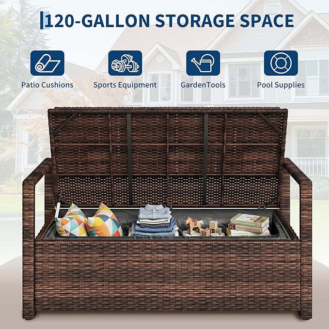 IDEALHOUSE Outdoor Storage Bench with Cushion, PE Rattan Patio Bench with Backrest, Armrests and Metal Frame, Waterproof Deck Box Seat for Porch, Backyard & Poolside, Dark Brown
