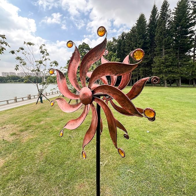 Wind Spinners Outdoor, Willow Leaf Double-Sided 360° Kinetic Wind Spinner with Acrylic Beads and Stake, Metal Garden Yard Decor (13.3" Dia x 54" H)