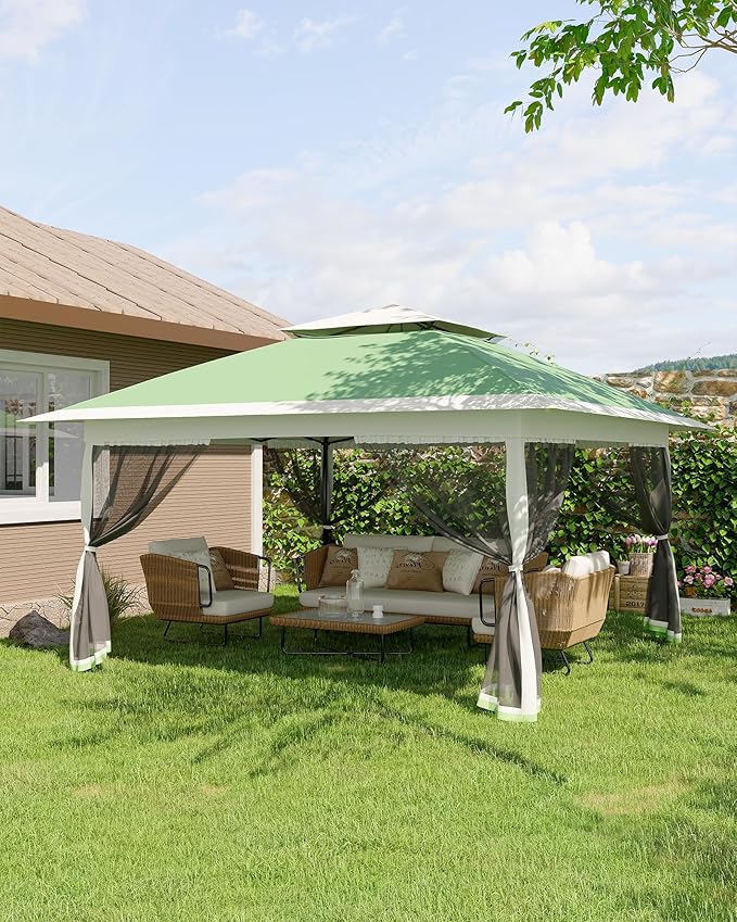 GarveeLife Canopy Tent 12x12 ft, Pop Up Gazebo One-Push Setup with 4 SandBags for Backyard Parties and BBQs, Mosquito Netting & Height Adjustable - Olive Green
