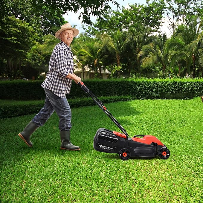 Happygrill Lawn Mower 13-Inch Electric Lawn Mower, Handle Push Corded Lawn Mowers with Grass Bag, Folding Handle, Adjustable Cutting Height for Garden Yard, 12 Amp,Red