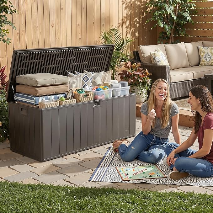 Deck Box, Waterproof Resin Outdoor Storage Box with Double-Layer Lockable Lid, UV-Resistant Storage for Patio, Pool, Garden & Backyard, 200 Gallon, Brown