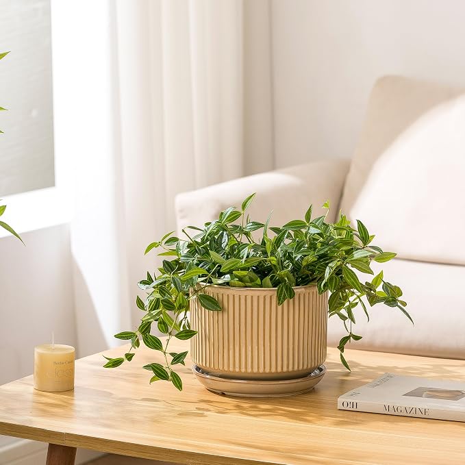 SURE YUESI Ceramic Plant Pots Set of 3, Indoor Outdoor Planters with Drainage Hole and Saucer, Ceramic Flower Pots for Indoor Plants, 4.3+5.5+6.8 Inch, Home, Garden, Patio and Office, Glossy Beige