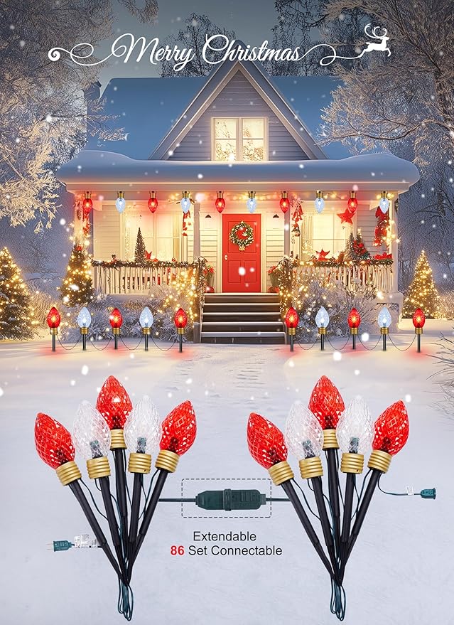 Moonflor Strawberry Jumbo C9 Christmas Pathway Lights Outdoor - 8.5FT 5 LED C9 Walkway Light, Christma Decoration Outside, Christmas Lights Outdoor for Lawn Holiday Yard, Red & Pure White