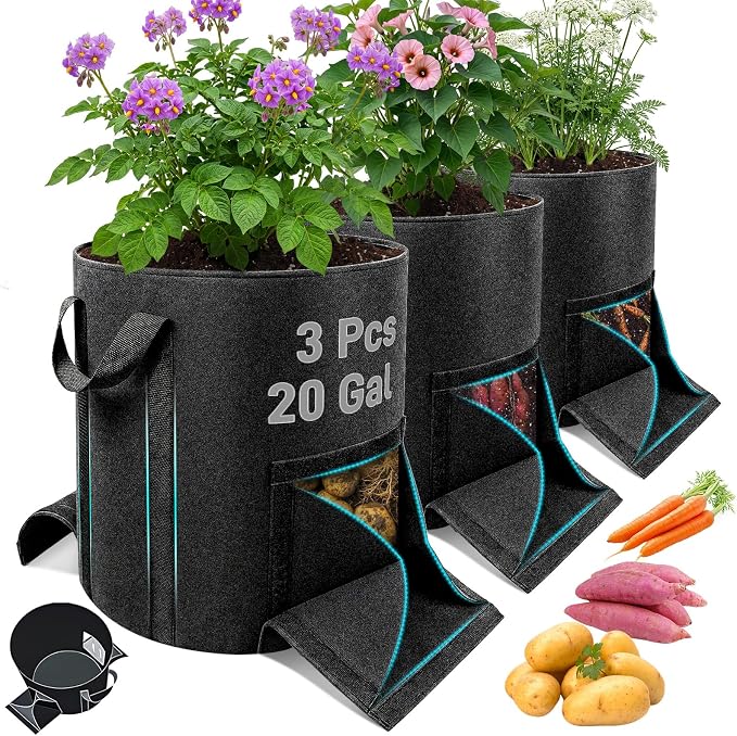 Mulctun 3Pcs 20 Gallon Potato Grow Bags, Grow Bags with Harvest & Visible Windows,Potato Bags for Growing Potatoes with Sturdy Handles,Potato Growing Containers for Growing Potatoes Vegetables