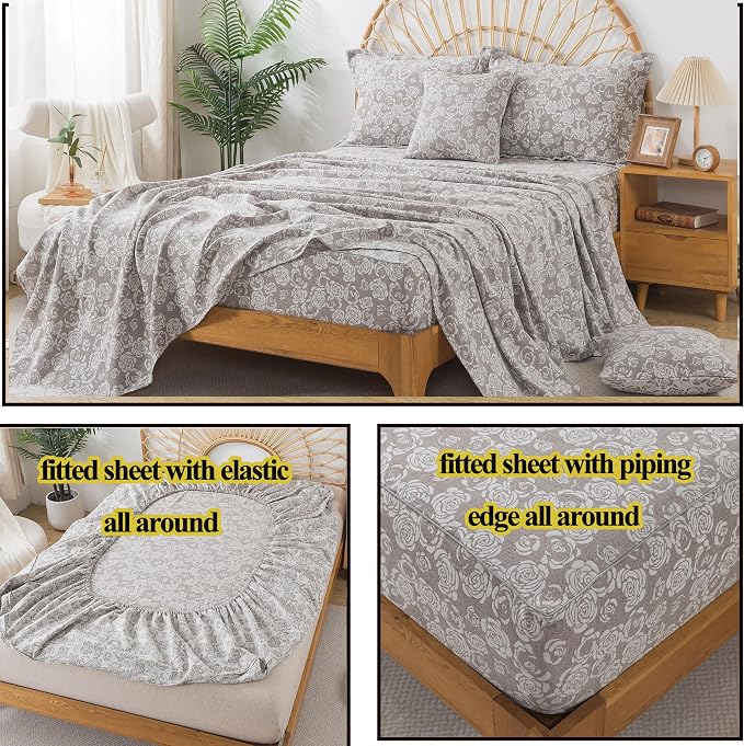 FADFAY Rose Sheets Set King Vintage Curry Floral Bedding Shabby Farmhouse Bedding Super Soft Washed Double -Layer Muslin Sheets Luxury 100% Cotton Breathable Deep Pocket Fitted Sheet 4Pcs, King Size