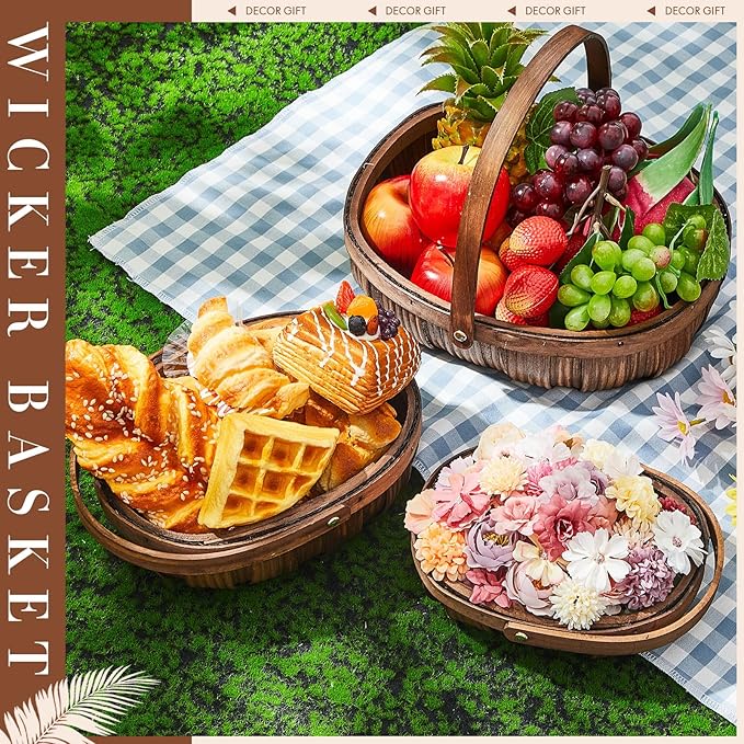 Sintuff 6 Pcs Wicker Baskets with Handles 3 Sizes Woven Garden Harvest Basket for Gathering Vegetables Wooden Bushel Apple Basket for Fruits Fall Thanskgiving Picnic Gift Farmers Market(Coffee)