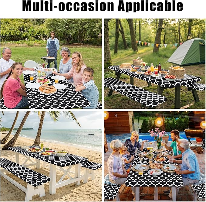Smiry Picnic Table Cover with Bench Covers, Waterproof Elastic Fitted Tablecloth for 5 Foot Tables, Washable Polyester Tablecloths for Camping, Indoor & Outdoor (Black, 30x60 Inch 3-pc Set)