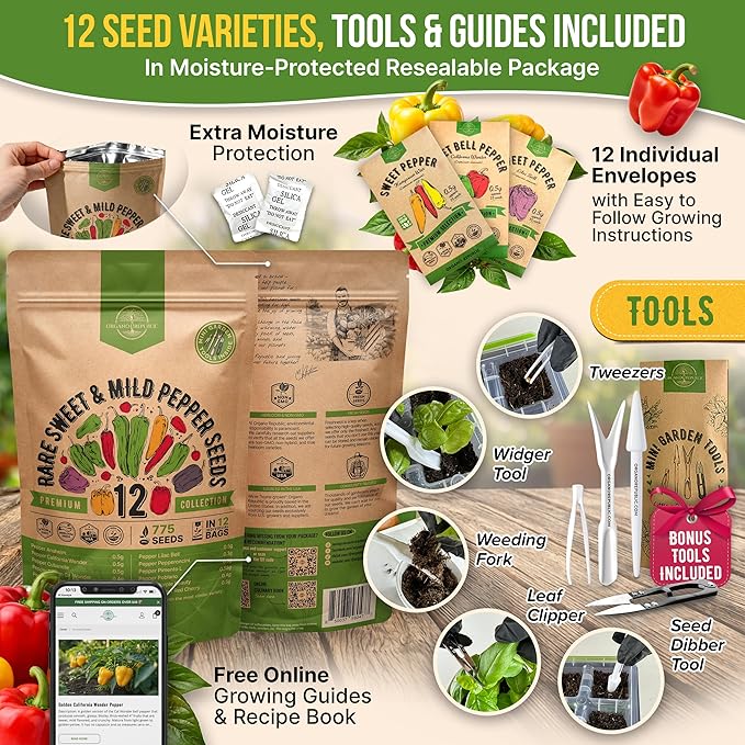 Organo Republic 12 Rare Sweet & Mild Pepper Seeds Variety Pack - 770+ Non-GMO Heirloom Pepper Seeds for Outdoor and Indoor Home Gardening, Including Pepper Anaheim, Pepperonchini, Pimento, Lilac Bell