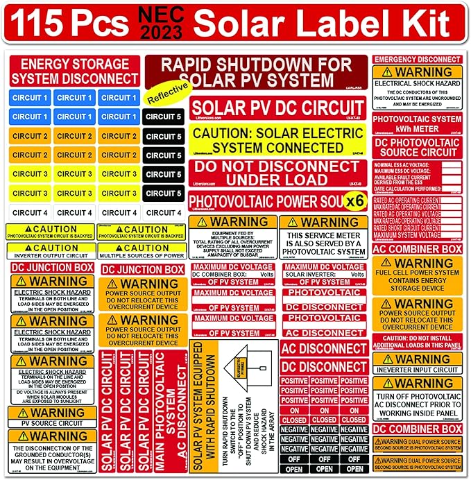 Ultimate 115 Pack 2017/2020/2023 NEC Code Compliant Photovoltaic Solar System Label Kit Electrical Panel Safety Stickers Outdoor Rated Laminated Strong Adhesive Waterproof