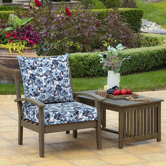 Arden Outdoor Foam Deep Seat Cushion Set, 22 in x 24 in, Weather-Proof, Rain-Proof, Fade Resistant Patio Cushion, Bottom and Back Cushion for Chair, Sofa, and Couch Blue Garden Floral