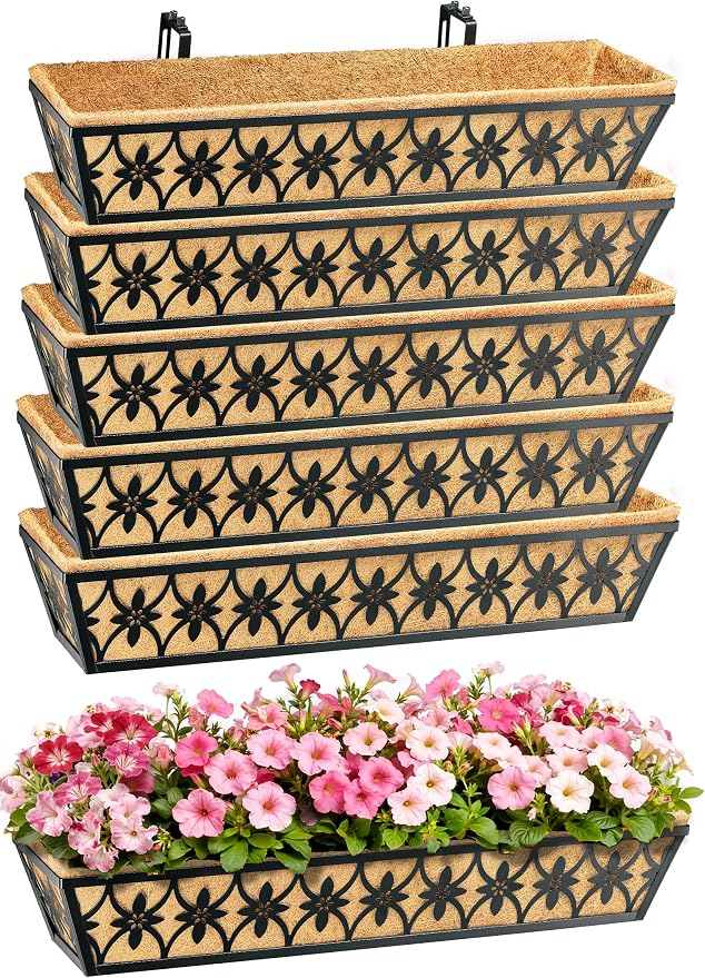 30 Inch Window Boxes Planters Railing Planter Box - 6 Pack Deck Railing Planter Boxes with Adjustable Brackets Coco Liners Balcony Planters Railing Ha