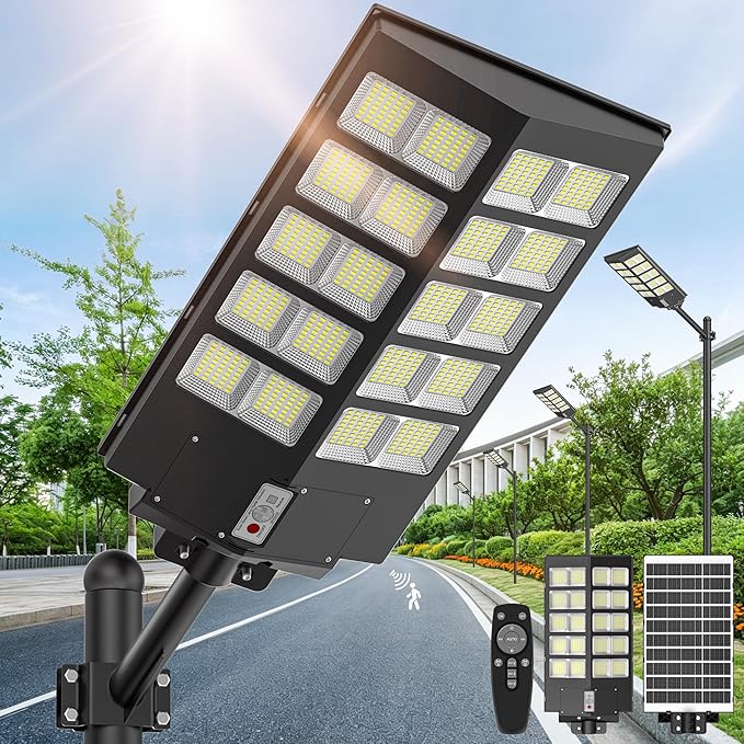 WYWNA 9000W Solar Street Light Outdoor, 8000K Motion Sensor Solar Lights with Remote, IP66 Waterproof Security Light, 350° Wide Angle, Dusk to Dawn for Parking Lot Yard Farm (1)