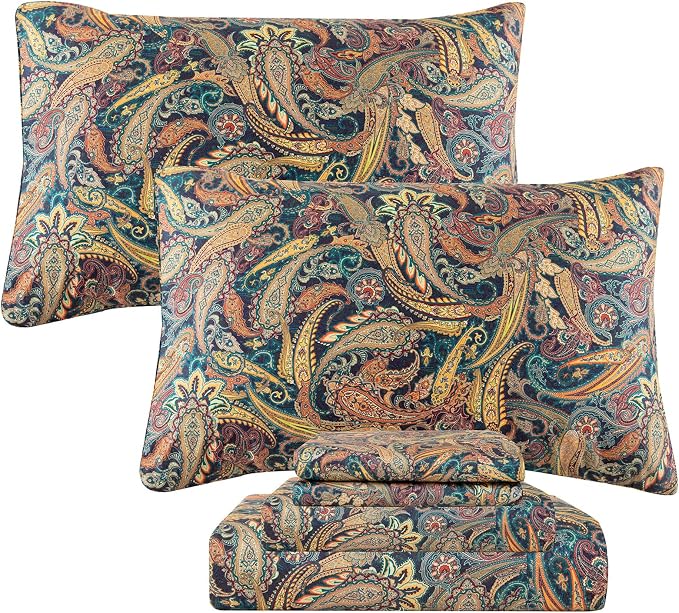 QSH Boho Sheets King Size - Bohemian Bedding Paisley Pattern Printed Bedsheets Sets King Size Bed Sheets 100% Egyptian Cotton 17.5" Extra Deep Pocket 4pcs