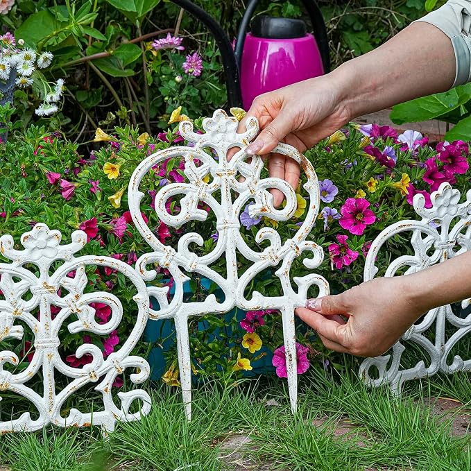 Sungmor Decorative Cast Iron Garden Edging, 4 Pack Rustic White Victorian Garden Edging Landscape Border, Vintage Metal Yard Stake Low Picket Fence, 11.8" Tall Outdoor Flower Bed Lawn Fence Panels