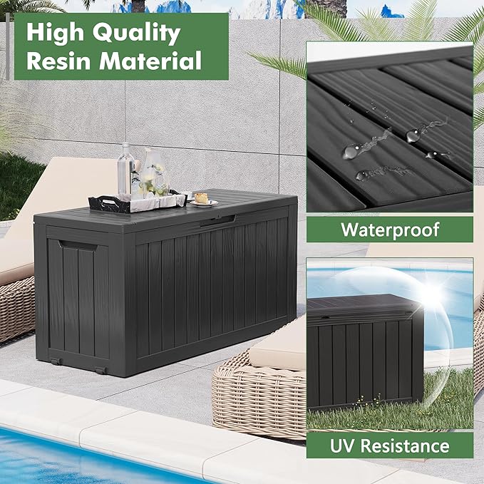 LHBGO 80 Gallon Deck Box Large Outdoor Storage Boxfor Patio Furniture,Outdoor Cushions, Garden Tools, Sports Equipment and Pool Supplies, Waterproof, Resin, Lockable